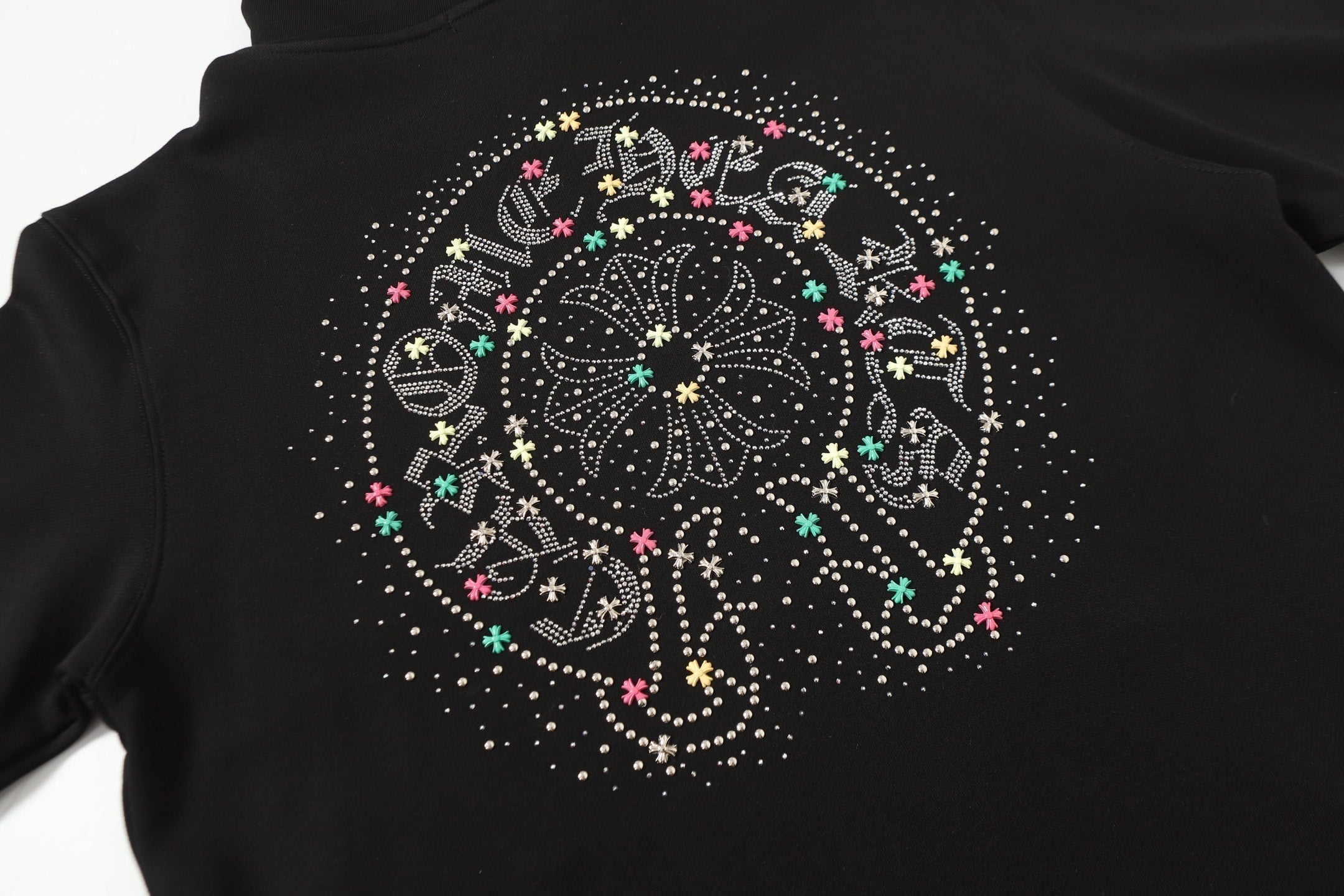 Colorful Rhinestone Hoodie - Black Gothic Street Sweatshirt 2608