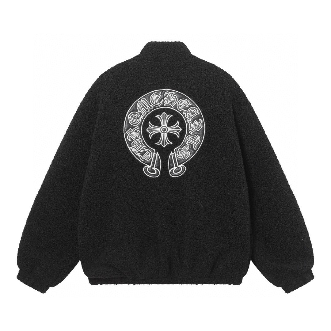 Horseshoe Embroidered Sherpa Jacket - Black Cream Gothic Coat 825